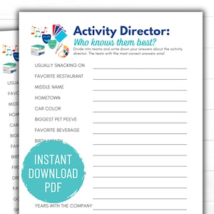 Puede incluir: Juego imprimible para una actividad de team building. El juego se llama "Activity Director: Who Knows Them Best?" y hace preguntas sobre el director de la actividad, como su restaurante favorito, su ciudad natal y el color de su coche.