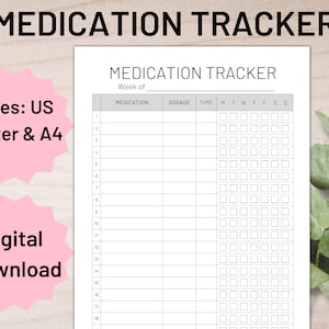 May include: A printable medication tracker with a blank grid for recording medication, dosage, time, and days of the week. The tracker is labelled "Medication Tracker" and "Week of".