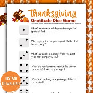 Thanksgiving Gratitude Dice Game Printable Thanksgiving Party Games Thanksgiving family games Friendsgiving Game Thanksgiving Office Game
