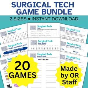 May include: A bundle of surgical tech games with the text "SURGICAL TECH GAME BUNDLE" at the top. The bundle includes 20 games, with the text "20 GAMES" in a yellow starburst. The text "Made by OR Staff" is also visible.