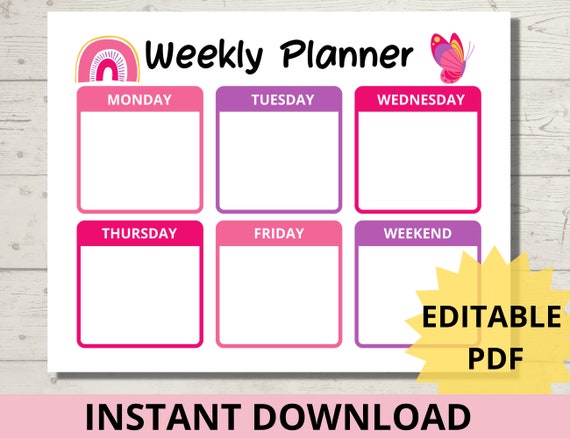 Kids Weekly Planner Editable Template Children's Calendar - Etsy