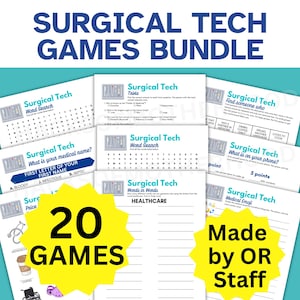 May include: A bundle of 20 Surgical Tech games, including word searches, trivia, and more. The games are designed for healthcare professionals and are made by OR staff. The title "SURGICAL TECH GAMES BUNDLE" is displayed at the top.