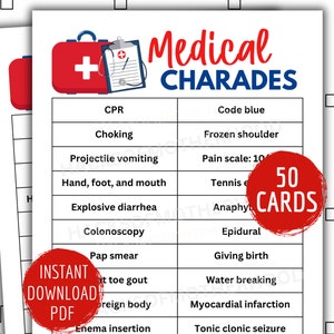 May include: A printable set of 50 medical charades cards. The cards feature a red first aid kit with a white cross and a stethoscope. The cards include medical terms such as CPR, choking, projectile vomiting, hand, foot, and mouth, explosive diarrhea, colonoscopy, pap smear, at toe gout, foreign body, enema insertion, code blue, frozen shoulder, pain scale, tennis elbow, anaphylaxis, epidural, giving birth, water breaking, myocardial infarction, and tonic clonic seizure.