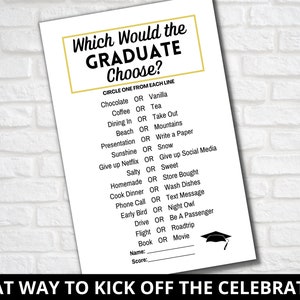 May include: A printable game for a graduation party. The game asks guests to circle one option from each line, such as "Chocolate or Vanilla" or "Coffee or Tea". The game includes a space for the player's name and score.