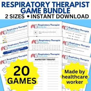 Puede incluir: Un conjunto de 20 juegos imprimibles para terapeutas respiratorios. Los juegos están diseñados para ser divertidos y atractivos para los terapeutas respiratorios. Los juegos incluyen una variedad de actividades, como búsquedas de palabras, emojis médicos y encontrar a alguien que. Los juegos están disponibles en dos tamaños y son una descarga instantánea. El texto "Made by healthcare worker" está en la esquina inferior derecha de la imagen.