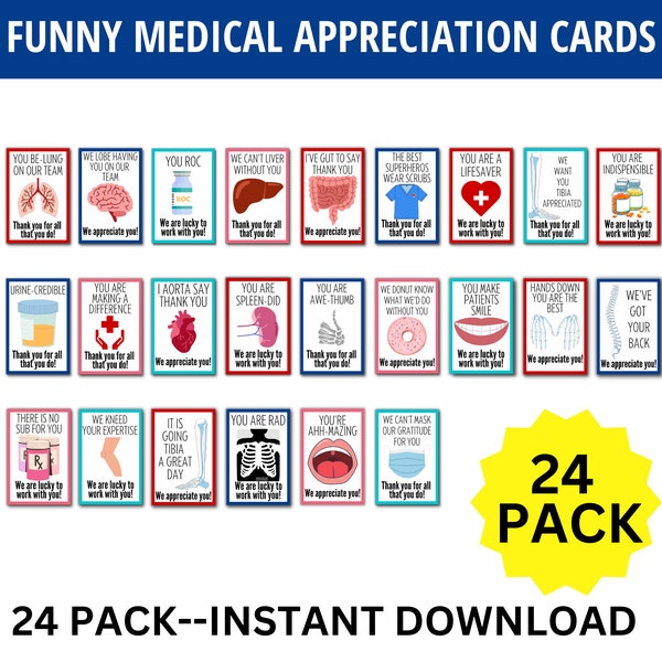 Funny Medical Appreciation Cards, 24 Pack Medical Pun Cards, Doctor, Physician, Nurse, PA, NP, Medical Assistant, Healthcare Worker