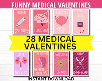 May include: A set of 28 printable Valentine's Day cards with a medical theme. The cards feature funny puns and illustrations related to medical terms and procedures. The cards are pink and white with a yellow banner that says "28 Medical Valentines".
