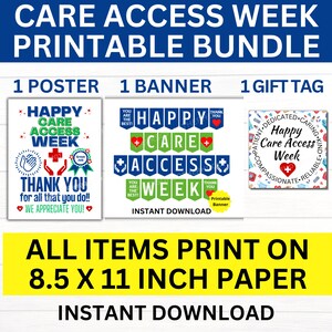 Puede incluir: Paquete imprimible de la Semana de Acceso a la Atención con un póster, una pancarta y una etiqueta de regalo. El póster dice "Happy Care Access Week" con un corazón rojo y una cruz. La pancarta dice "Happy Care Access Week" con un corazón rojo y una cruz. La etiqueta de regalo dice "Happy Care Access Week" con un corazón rojo y una cruz. Todos los artículos miden 8,5 x 11 pulgadas.