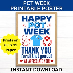 Poster stampabile per la settimana del tecnico di assistenza al paziente, cartello "Happy PCT Week", settimana di apprezzamento del PCT, tecnico di assistenza al paziente, poster di riconoscimento per la settimana del PCT