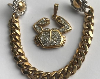 Vintage jewelry set Pierre Lang (PL): brooch and  pendant. Sparkling crystal gold -silver jewellery.