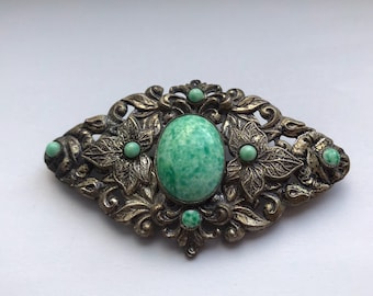 Vintage Czech belt  brooch with Peking glass. Large belt brooch with green cabochon. Neiger brooch.