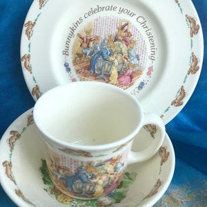 Vintage Bunnykins trio: cup and saucer and plate, Royal Doulton. Fine bone china, hand-painted.