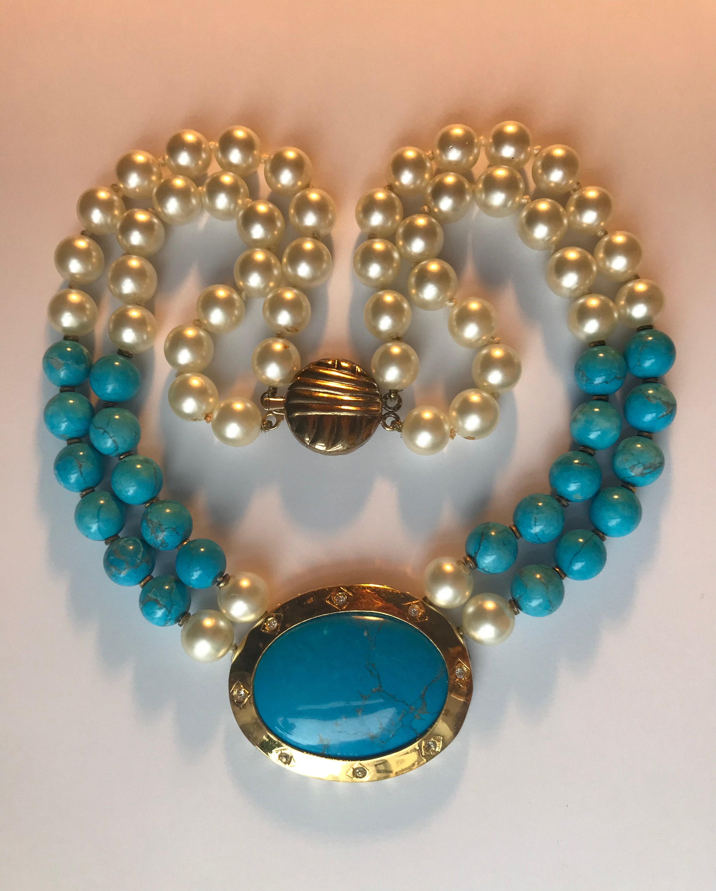 Collier Perles & Plaques En Résine Turquoise - Style Années 80/90 - Occasion Vintage