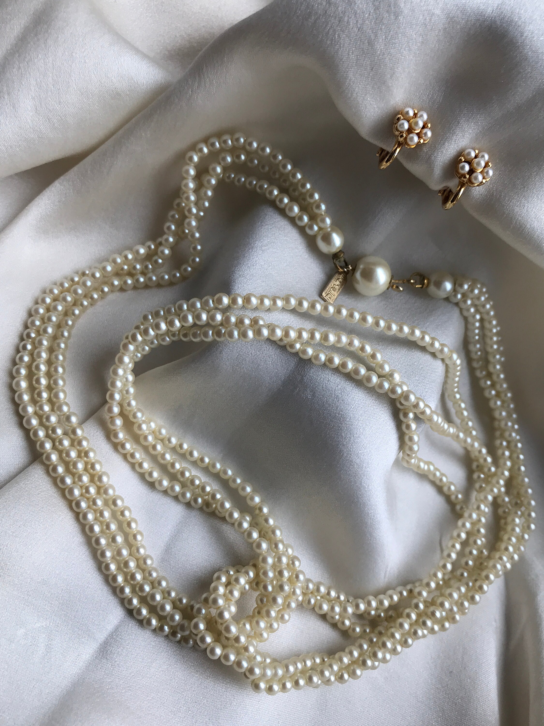 Vintage Marvella Beads and Clip-on Three Row Cream Faux