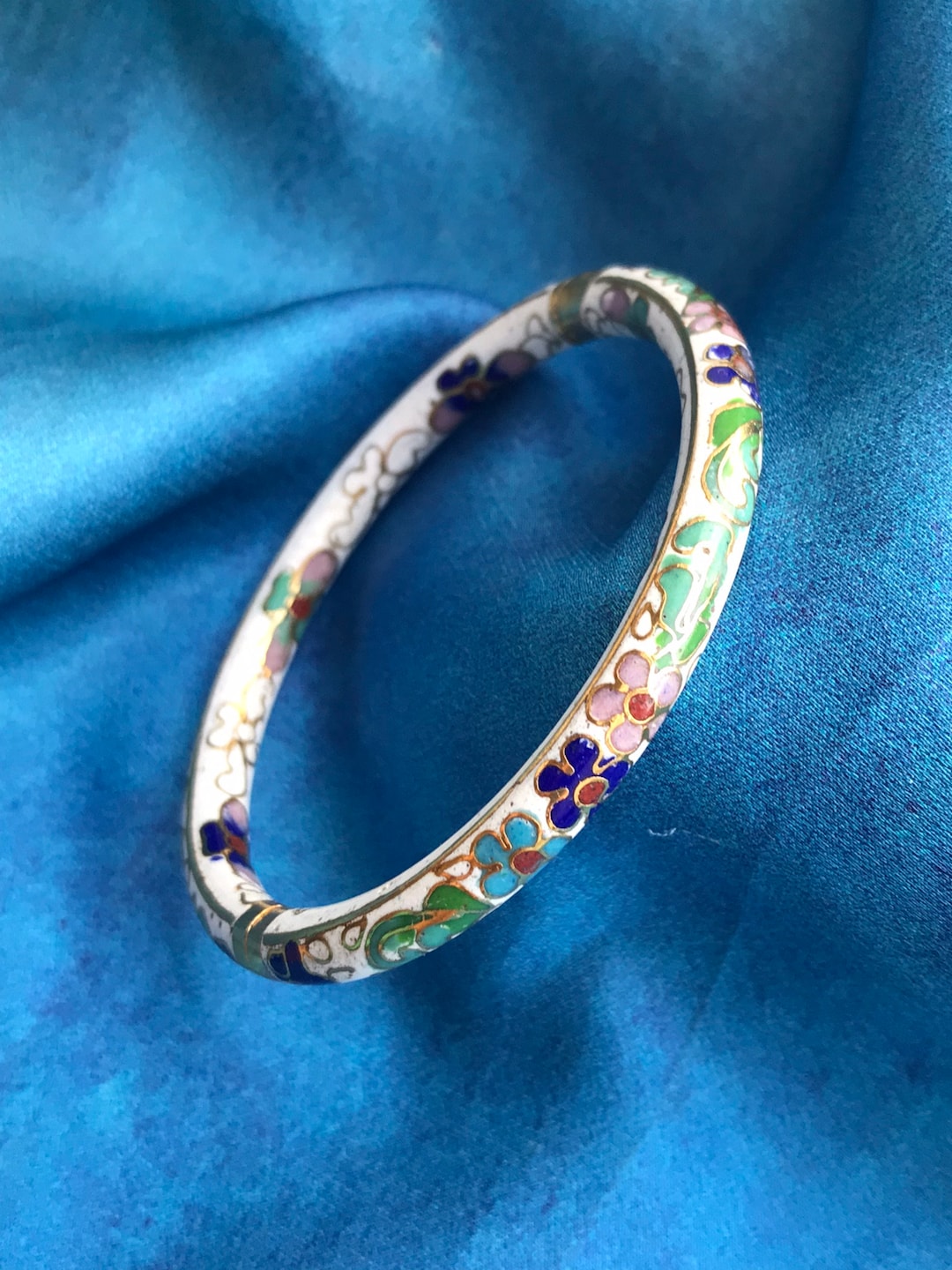 Vintage Cloisonné Enamel Bracelet. Handmade Patterns White Bangle ...