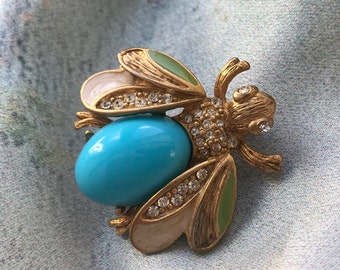 broche abeille vintage, broche fabuleuse Jelly Belly, broche abeille cabochon turquoise.