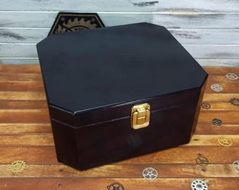 Octagonal wooden box, Eight faces wood box, Storage box, Keepsake box, Black polished wood box.
