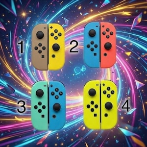 May include: Four pairs of colorful game controllers. Each pair is split into two halves, with a variety of color combinations: brown and yellow, blue and red, green and blue, and yellow. Each controller has black buttons and directional pads.
