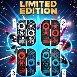 May include: Four sets of Limited Edition Super Mario Joy-Con controllers. Each set features a different color scheme: black and white, red and black, red and black, and blue and black. The text "LIMITED EDITION" is displayed at the top.