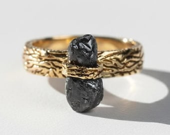 Black Rough Diamond Twig Engagement Ring, 14k Gold Raw Diamond Ring, Uncut Diamond Ring, Anniversary Ring, Wedding Ring for Women