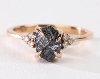 Raw Black Diamond Engagement Ring, 14k Gold Uncut Diamond Band, Side Stones