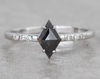 Kite Cut Salt and Pepper Diamond Ring, Unique Lozenge Engagement Ring, Geometric White Gold Ring, Alternative Wedding Ring, Galaxy Diamond