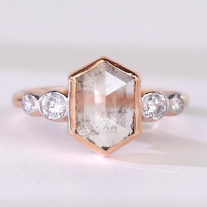 Lab Grown Salt & Pepper Hexagon Diamond Ring: 14K Rose Gold, Natural White Side Stones