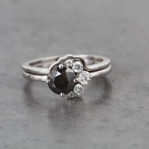Anel de noivado com diamante redondo Sal e Pimenta, cor preta, diamante redondo, ouro 14k, presente para ela, anel para ela, aliança de casamento RAA-009