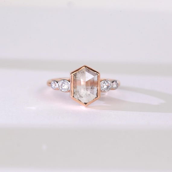 Handmade 14K Rose Gold Hexagon Salt Pepper Diamond Ring