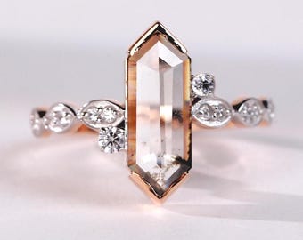 Lab Grown Salt and Pepper Hexagon Diamond Ring – 14K Gold Engagement Ring for Women, Vintage Art Deco Wedding & Promise Ring, Handmade Gift