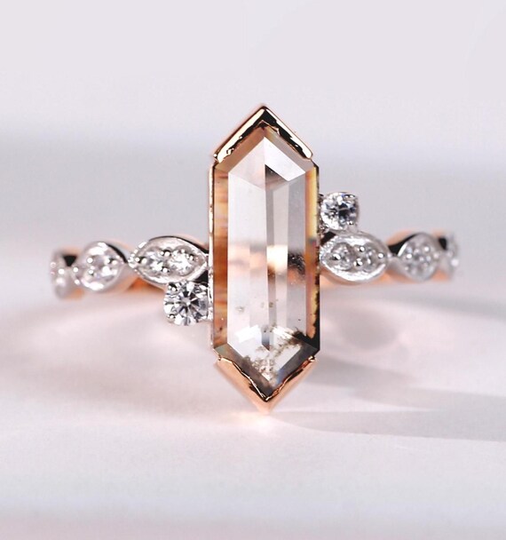 Lab Grown Salt Pepper Hexagon Diamond Ring: 14k Gold Art Deco