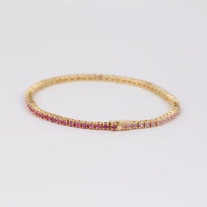 14K Solid Gold Pink Sapphire Tennis Bracelet: Dainty Round Cut Gemstone