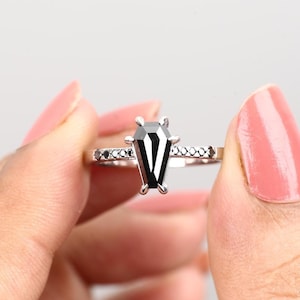 Elegant Coffin Solitaire Ring for Women in Black Diamond & White Gold 14k Ring, Ring For Wedding, Engagement, Anniversary AA026