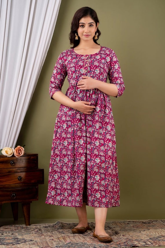 Cotton Pink floral printed maternity anarkali feeding kurti with zippers –  Feeding Kurtis
