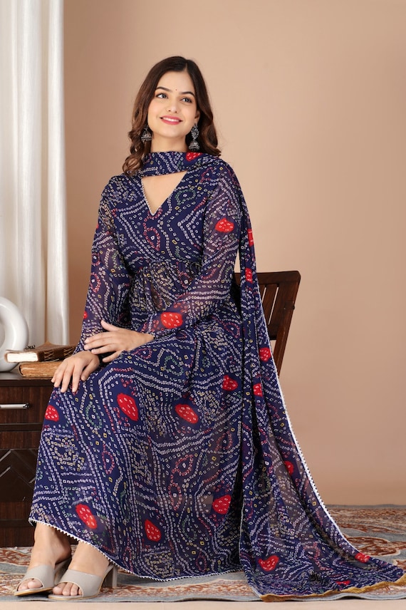 Buy Vibha's Home - Women's Bandhani Print, Quarter Sleeve, Round Neck, 100%  Cotton, Anarkali, Kurti, Orange, (XL-42) at Amazon.in