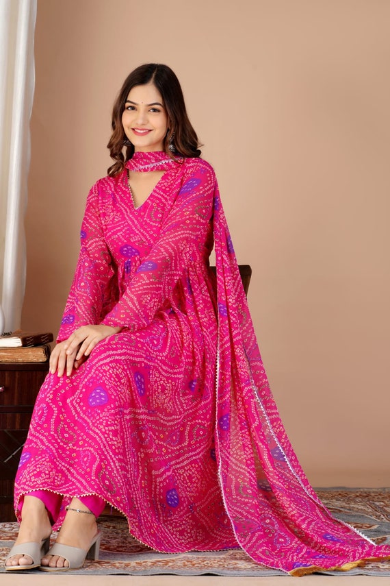 Traditional Bandhani Print Georgette Anarkali Kurti Set Cultural