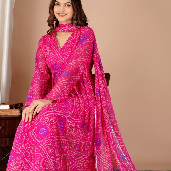 Traditioneller Bandhani-Druck Georgette Anarkali Kurti-Set, Kultureller Bandhani-Anzug für Frauen, Salwar Kameez-Frauen, Bandhani-Hochzeit trägt Frauen