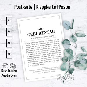 Karte zum 20. Geburtstag mit Definition, zwanzig Jahre, Glückwünsche, A4, A5, A6, B6 PDF Download zum Ausdrucken