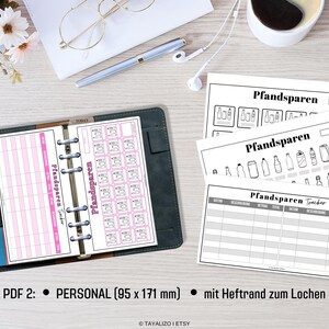 Op de afbeelding: Een set printbare PDF-pagina's voor het bijhouden en organiseren van flessenstatiegeld-besparingen. De pagina's bevatten een raster om data, bedragen en totalen te registreren. De pagina's zijn ontworpen voor een persoonlijke planner met een formaat van 95 x 171 mm en hebben een bindrand om gaten te ponsen.