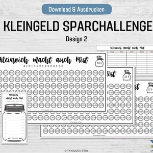 K&ouml;nnte beinhalten: Ein druckbarer schwarz-wei&szlig;er Spar-Challenge-Chart mit dem Text "Kleinvich macht auch Mist" und "Kleingeld Sparen". Der Chart ist in Abschnitte mit verschiedenen M&uuml;nzwerten unterteilt, wie z. B. 0,01, 0,02, 0,05, 0,10, 0,20, 0,50, 1,00 und 2,00. Es gibt auch drei Bilder von Geldbeuteln mit den Betr&auml;gen 10&euro;, 55&euro; und 115&euro;.