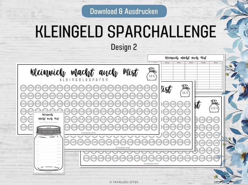 K&ouml;nnte beinhalten: Ein druckbarer schwarz-wei&szlig;er Spar-Challenge-Chart mit dem Text "Kleinvich macht auch Mist" und "Kleingeld Sparen". Der Chart ist in Abschnitte mit verschiedenen M&uuml;nzwerten unterteilt, wie z. B. 0,01, 0,02, 0,05, 0,10, 0,20, 0,50, 1,00 und 2,00. Es gibt auch drei Bilder von Geldbeuteln mit den Betr&auml;gen 10&euro;, 55&euro; und 115&euro;.