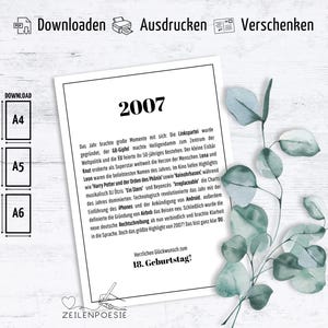 Poster Postkarte zum 18. Geburtstag 2007, Chronik Meilensteine, achtzehn Jahre Geburtstagskarte, Glückwünsche, PDF Download ausdrucken
