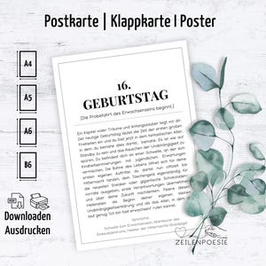Karte zum 16. Geburtstag mit Definition für Teenager, sechzehn Jahre, Glückwünsche Postkarte Poster, A4, A5, A6, B6 PDF Download ausdrucken