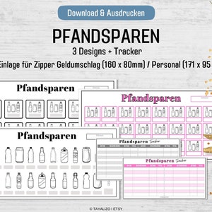 Op de afbeelding: Drie printbare ontwerpen om uw flessenstatiegeld te volgen en te organiseren. De ontwerpen omvatten een raster met flessencontouren, een raster met flessencontouren en verschillende flessentypen, en een tracker met kolommen voor datum, statiegeldbedrag en totaalbedrag. De ontwerpen zijn gelabeld met "Pfandsparen" in het Duits, wat "statiegeld besparen" betekent.