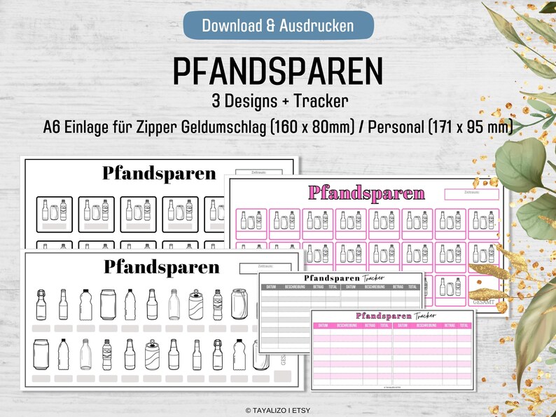 Op de afbeelding: Drie printbare ontwerpen om uw flessenstatiegeld te volgen en te organiseren. De ontwerpen omvatten een raster met flessencontouren, een raster met flessencontouren en verschillende flessentypen, en een tracker met kolommen voor datum, statiegeldbedrag en totaalbedrag. De ontwerpen zijn gelabeld met "Pfandsparen" in het Duits, wat "statiegeld besparen" betekent.