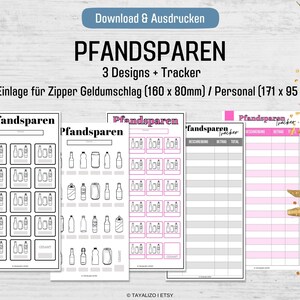 May include: Three printable designs for tracking and recording bottle deposit returns. The designs include a grid with spaces for 24 bottles, a grid with spaces for 18 bottles, and a tracker with columns for description, amount, and total. The designs are labeled "Pfandsparen" which is German for "deposit savings".