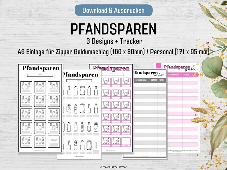 May include: Three printable designs for tracking and recording bottle deposit returns. The designs include a grid with spaces for 24 bottles, a grid with spaces for 18 bottles, and a tracker with columns for description, amount, and total. The designs are labeled "Pfandsparen" which is German for "deposit savings".
