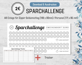 2 Euro Saving Challenge Tracker I Save 200 Euro I Inserts A6 BudgetBinder Zipper Envelope I PDF Download Template