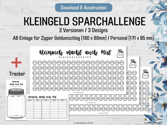 Kleingeld Spar Challenge I 3 Versionen I Einlagen A6 Budgetbinder Zipperumschlag und PERSONAL I PDF Download Vorlage