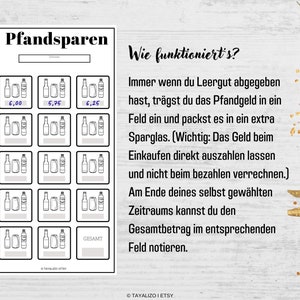 May include: A printable chart for tracking and saving money from recycling bottles and cans. The chart has a grid with spaces for recording the amount of money earned from each recycling trip. The chart includes the text "Pfandsparen" and "Wie funktioniert's?" and instructions on how to use the chart.